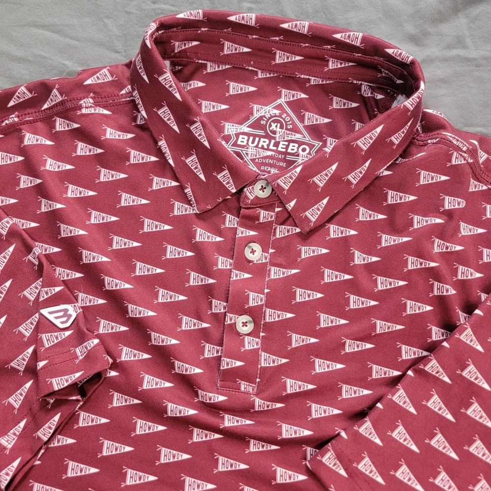 Burlebo Polo Shirt Mens XL Burgandy Performance Stretch Howdy Pennant Hunting